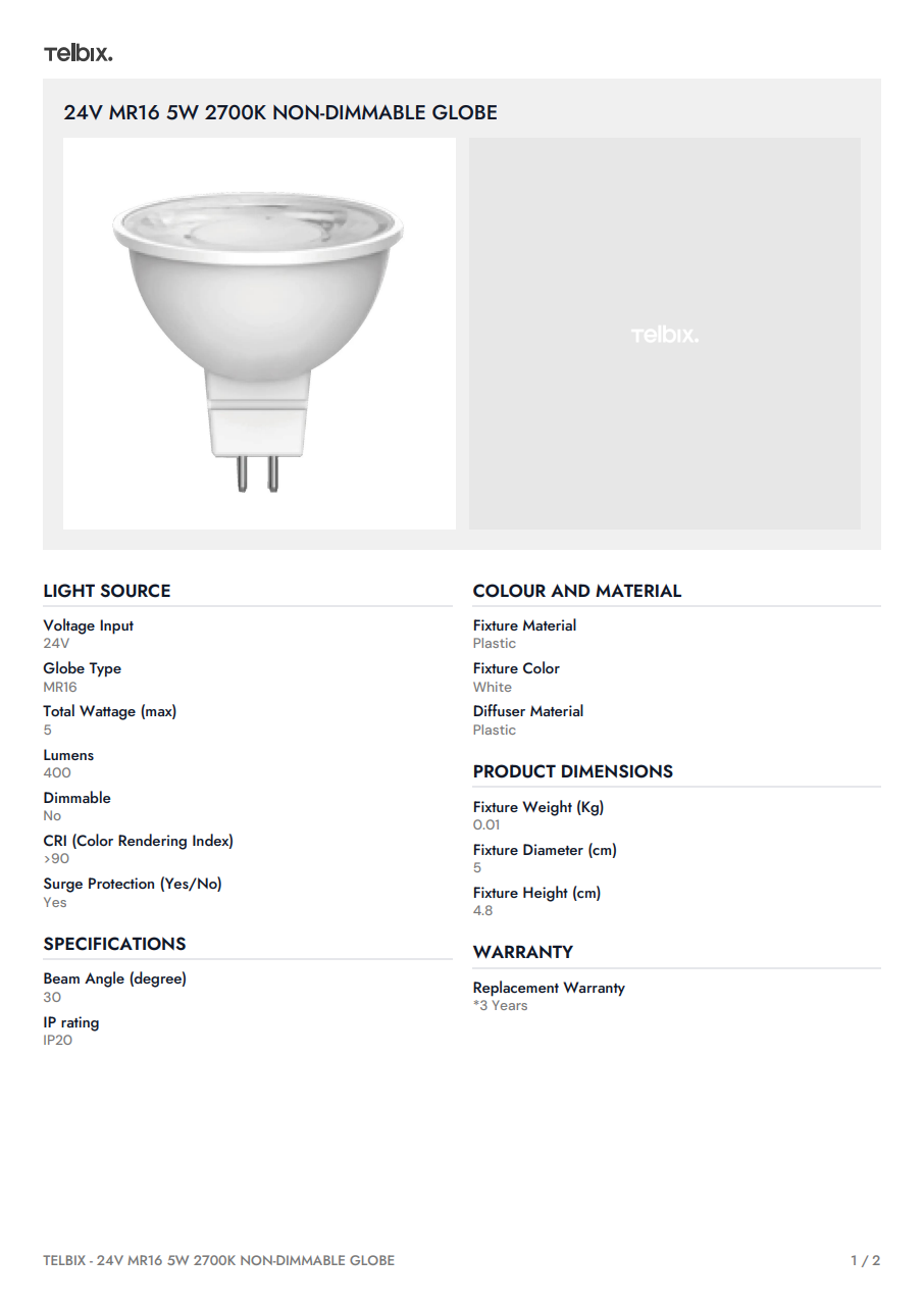 24V MR16 5W 2700K Non-Dimmable Globe