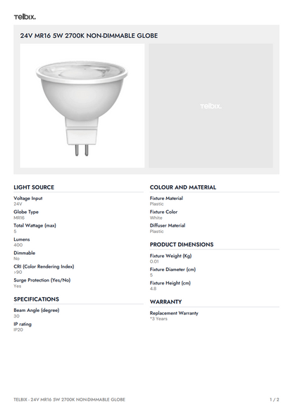 24V MR16 5W 2700K Non-Dimmable Globe