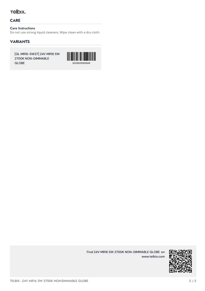 24V MR16 5W 2700K Non-Dimmable Globe