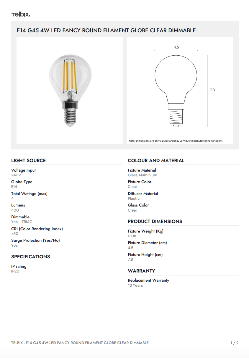 E14 G45 4W LED Fancy Round Filament Globe Clear Dimmable