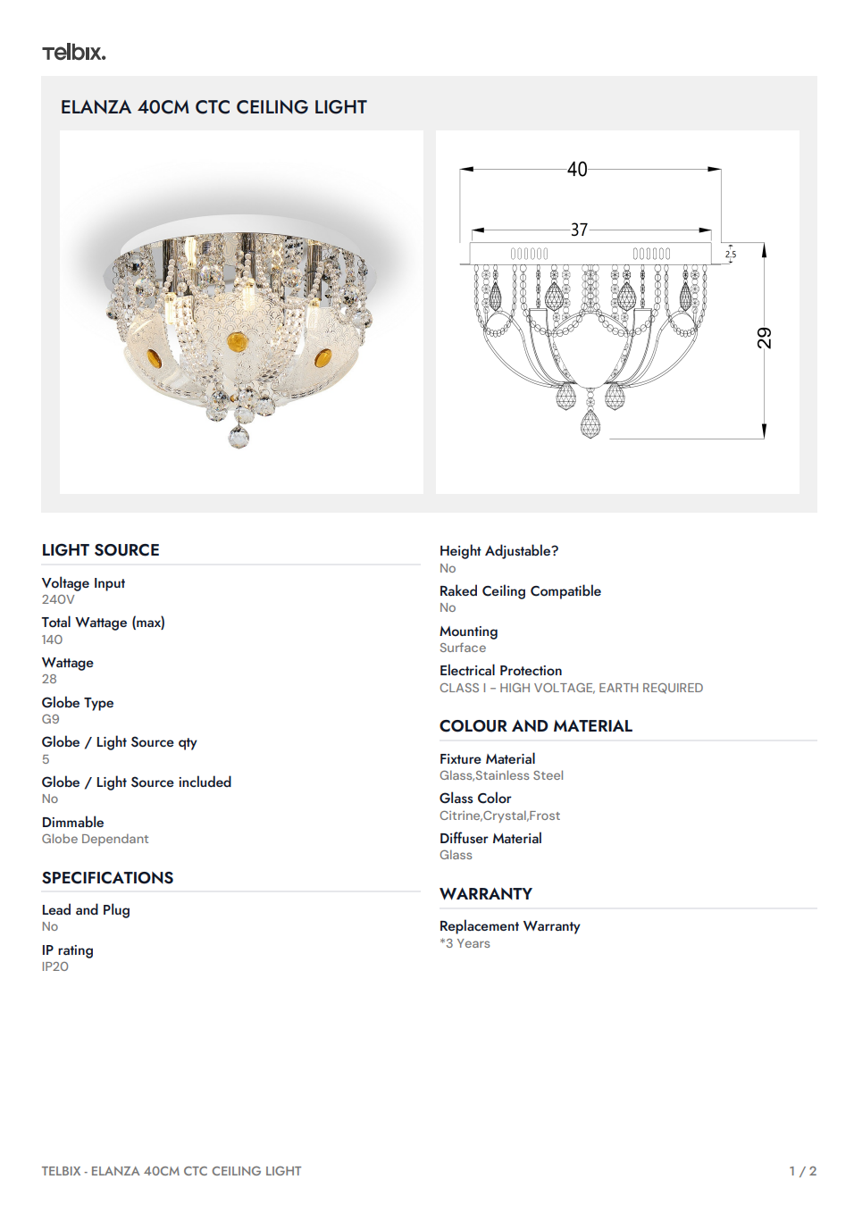 ELANZA 40CM CTC Ceiling Light
