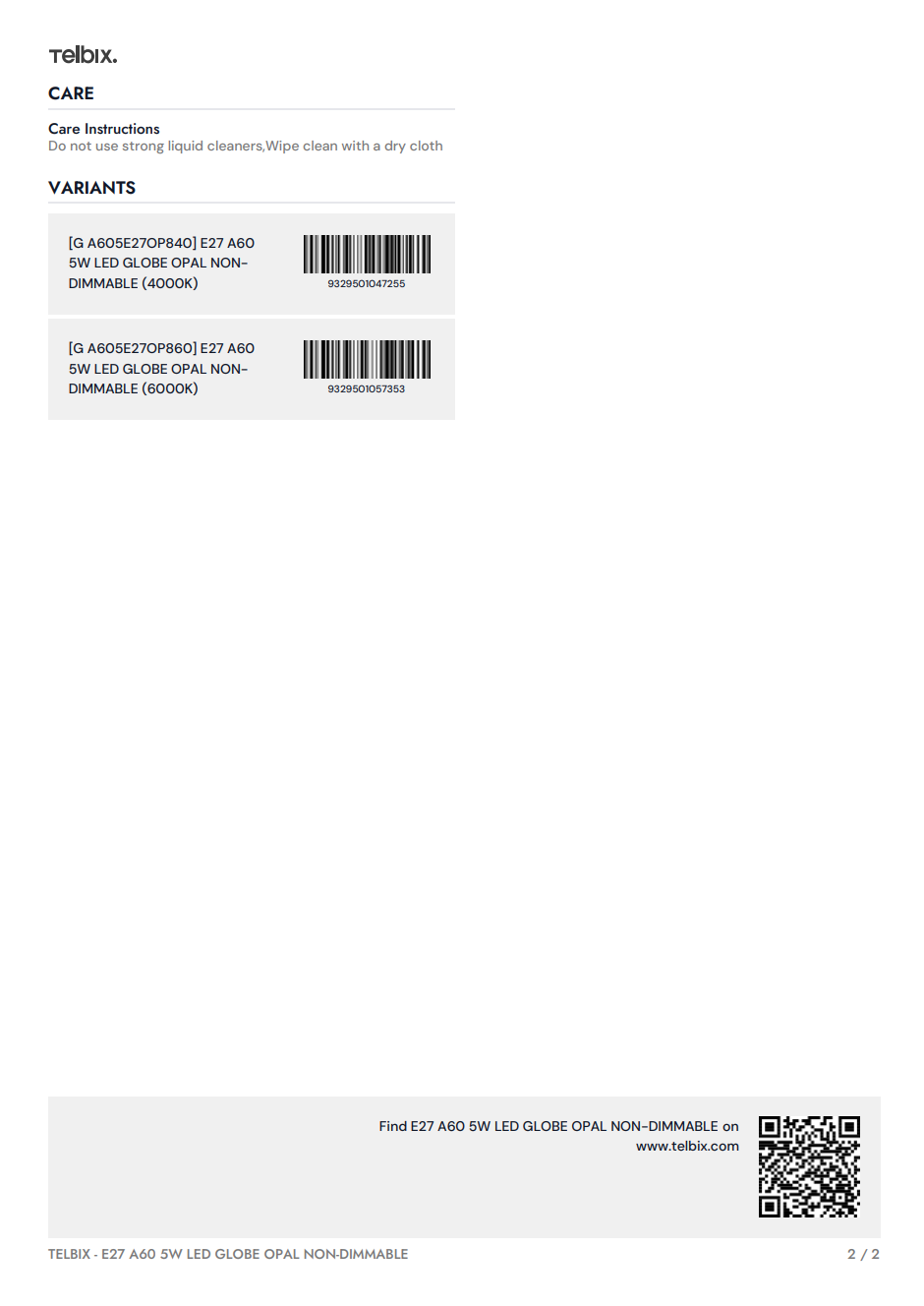 E27 A60 5W LED Globe Opal Non-Dimmable -  4000K