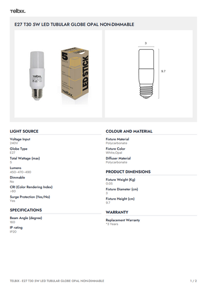 E27 T30 5W LED Tubular Globe Opal Non-Dimmable - 4000K