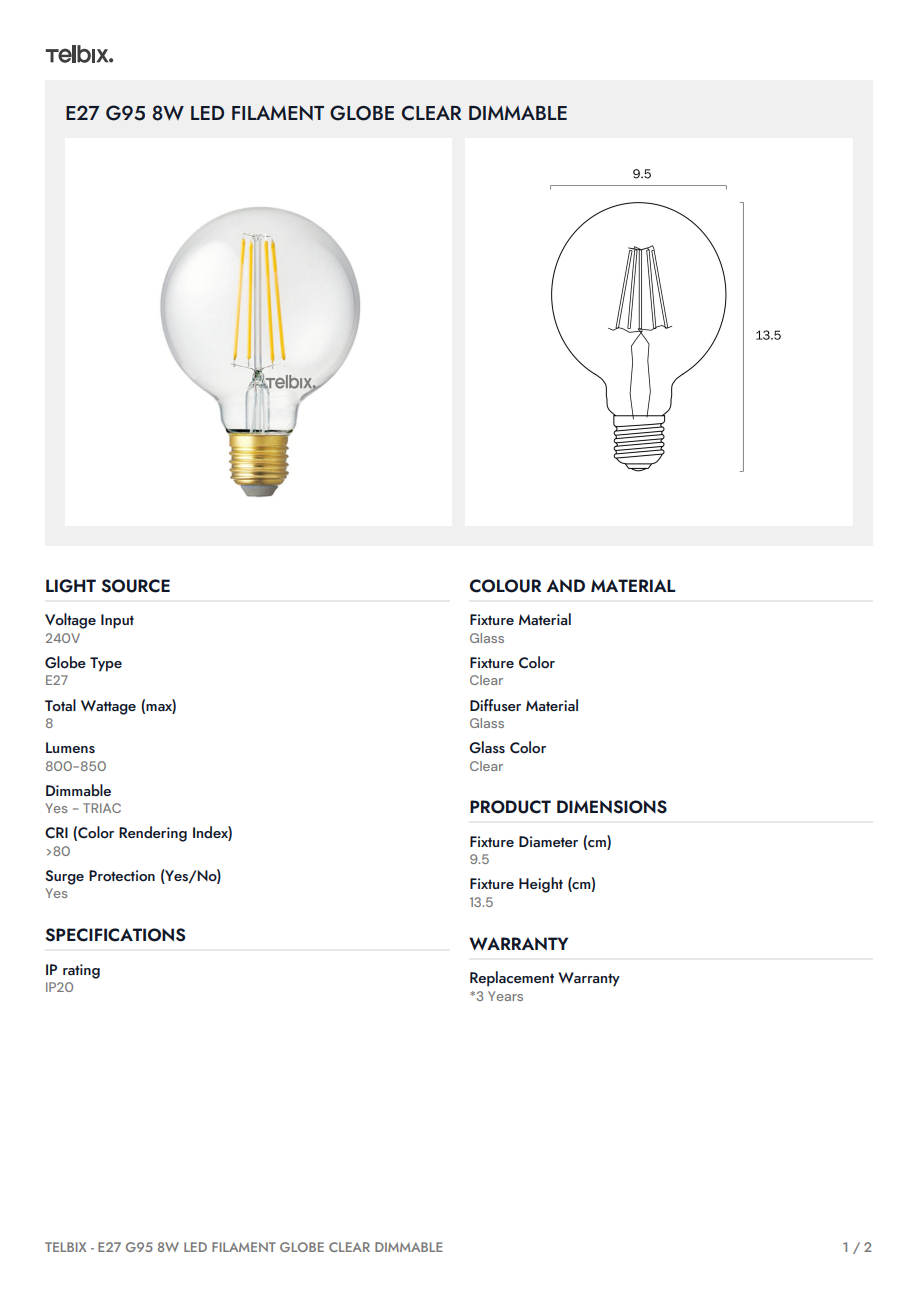 E27 G95 8W LED Filament Globe Clear Dimmable - 4000K