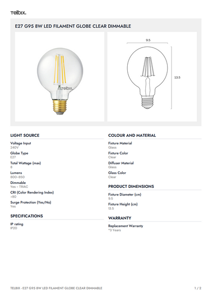 E27 G95 8W LED Filament Globe Clear Dimmable - 4000K