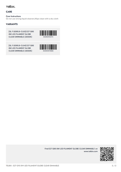 E27 G95 8W LED Filament Globe Clear Dimmable - 4000K