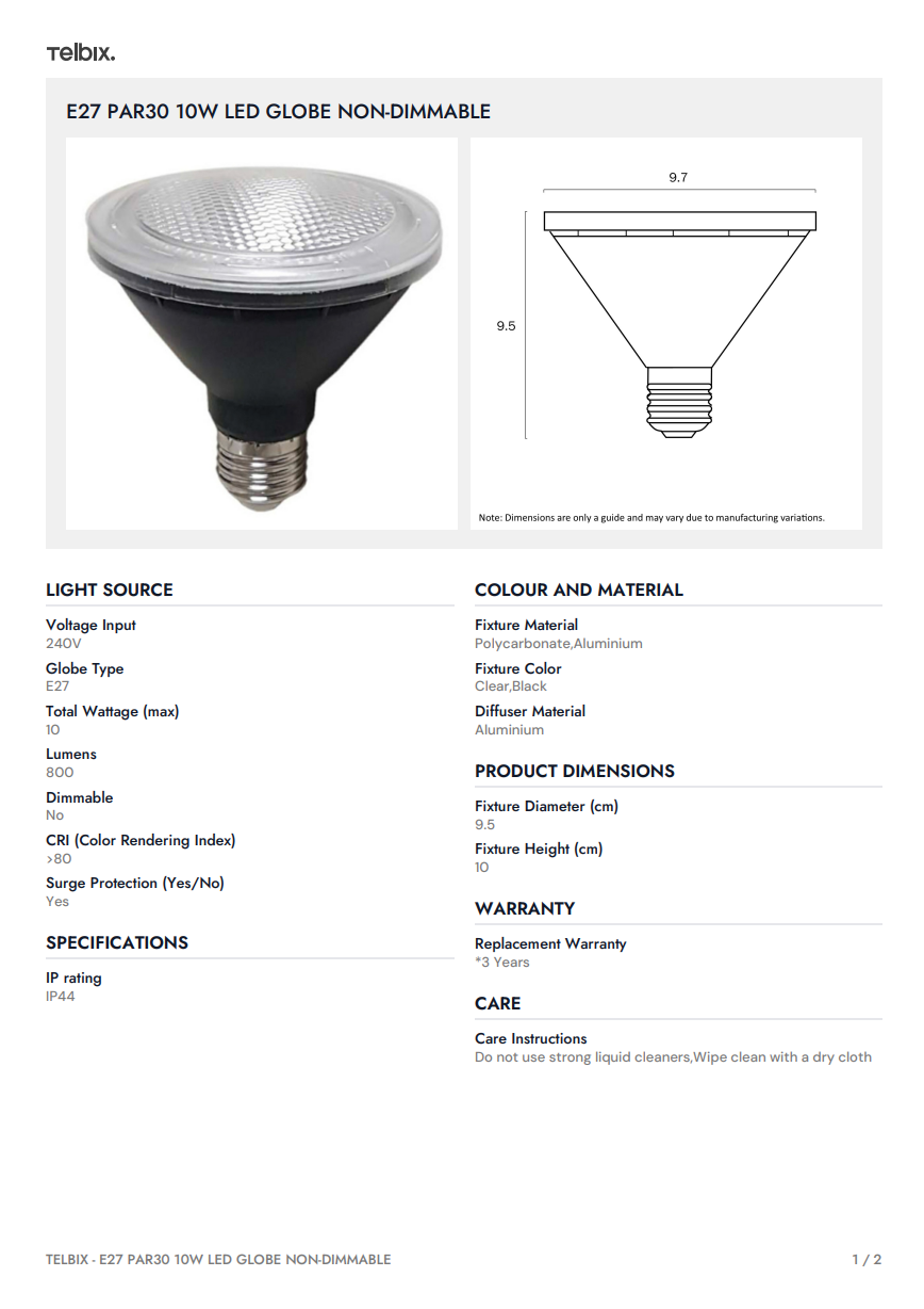 E27 PAR30 10W LED Globe Non-Dimmable