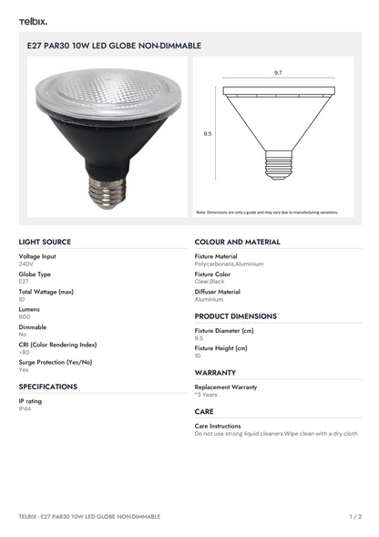E27 PAR30 10W LED Globe Non-Dimmable
