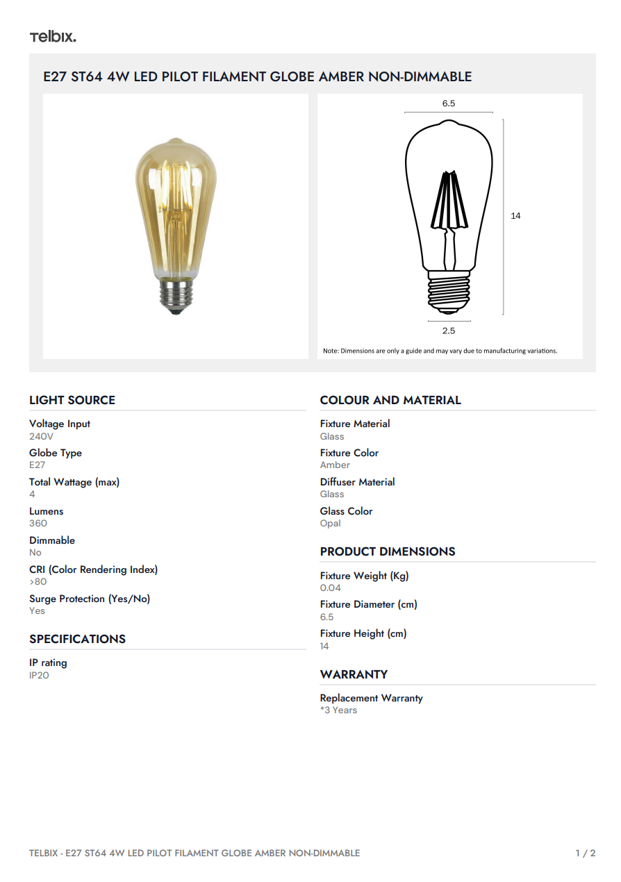 E27 ST64 4W LED Pilot Filament Globe Amber Non-Dimmable