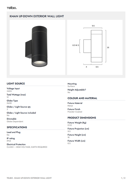 KMAN Up-Down Exterior Wall Light - White