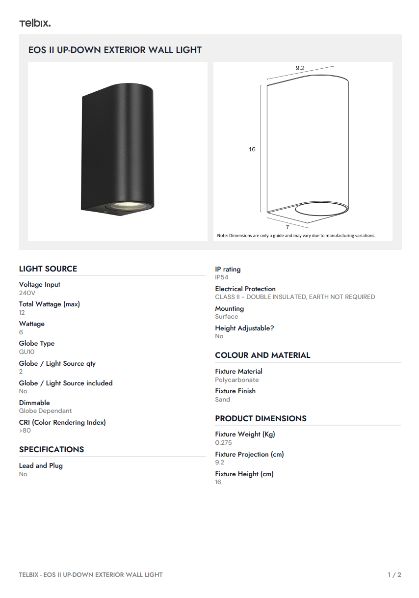 EOS II Up-Down Exterior Wall Light - Black