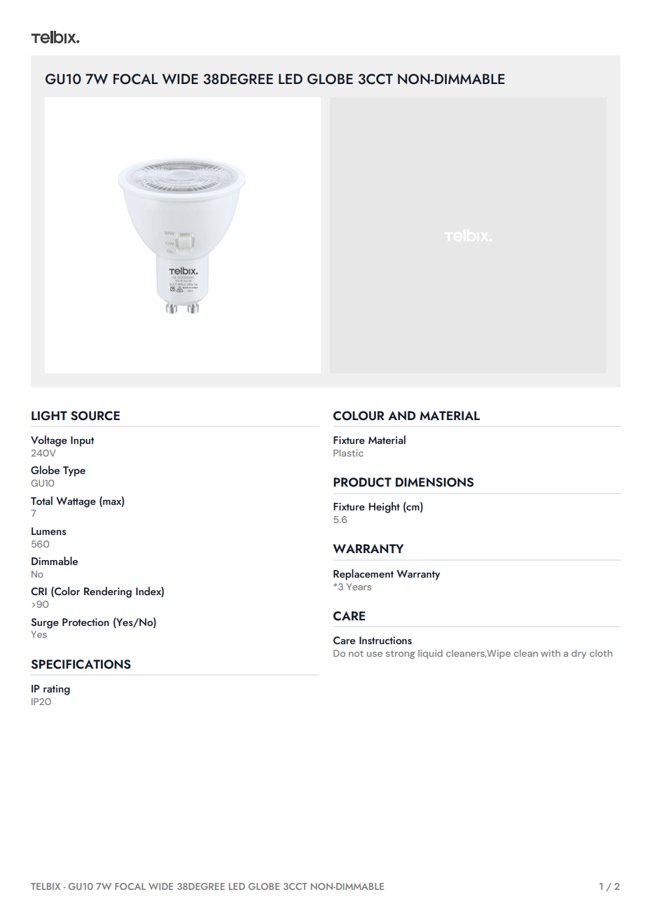 GU10 7W Focal Wide 38 Degree LED Globe 3CCT Non-Dimmable