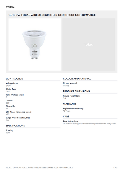 GU10 7W Focal Wide 38 Degree LED Globe 3CCT Non-Dimmable