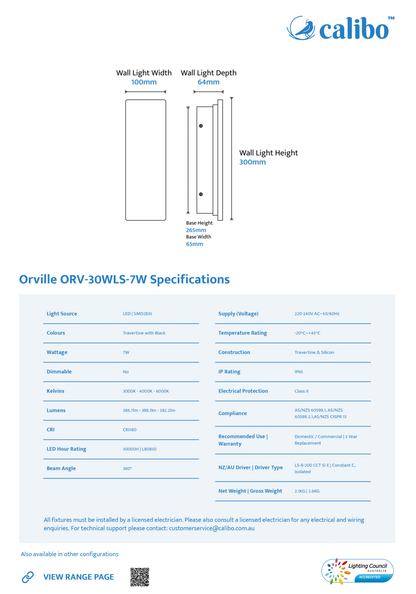 Calibo Orville 300mm Travertine Stone Slim Outdoor LED Wall Light - Travertine with Black
