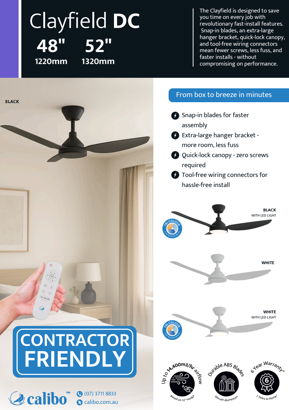 Calibo Clayfield 48" DC Ceiling Fan with LED Light and Remote - White