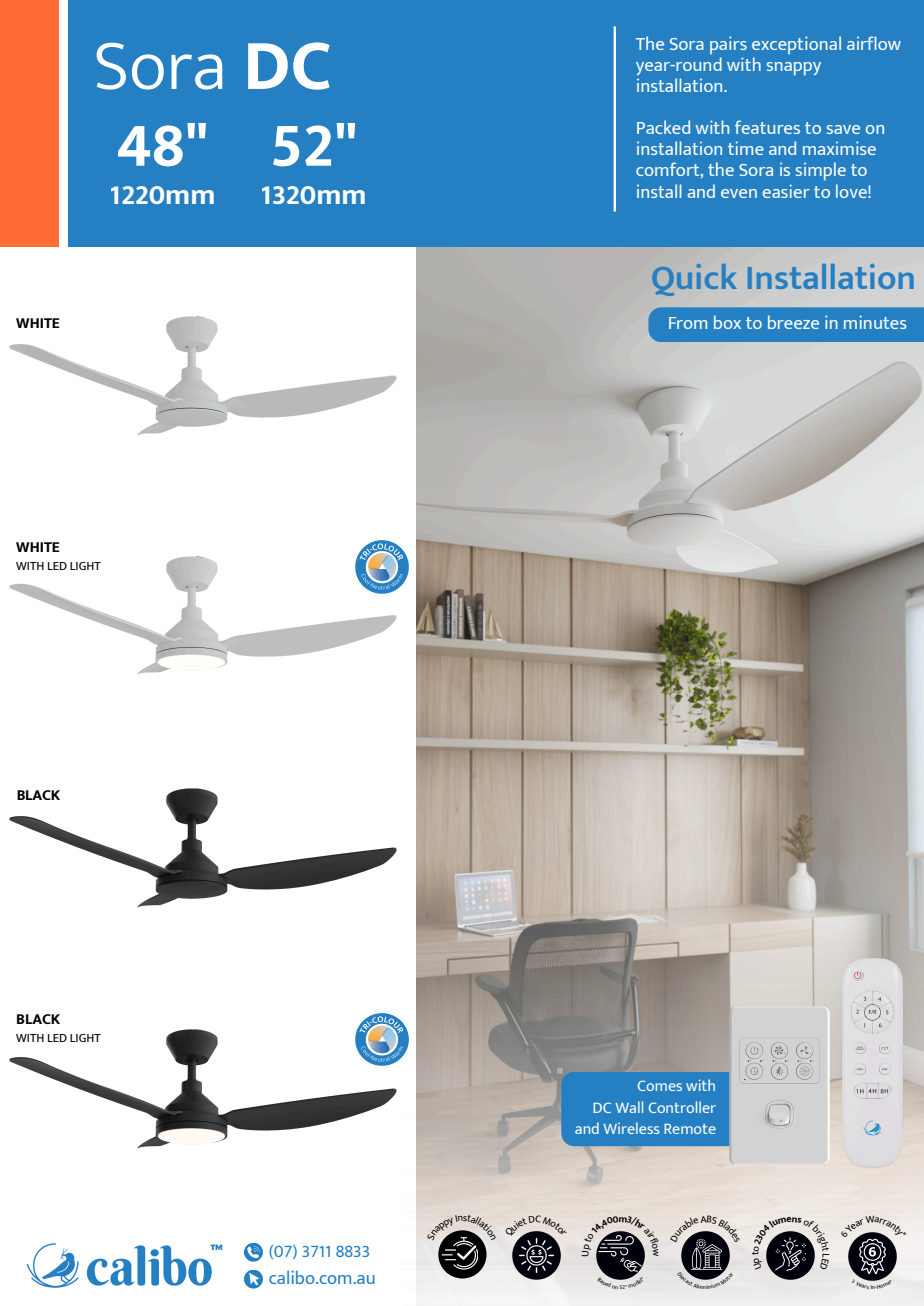 Calibo Sora 48" DC Ceiling Fan with Wall Control and Remote