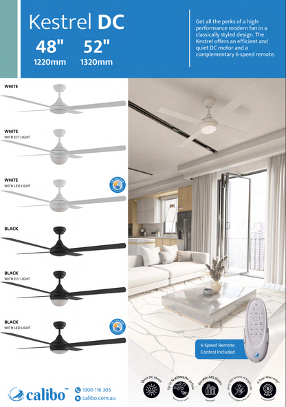 Calibo Kestrel 52" (1320mm) Indoor/Outdoor DC Ceiling Fan with 2x E27 Light & Remote - Black