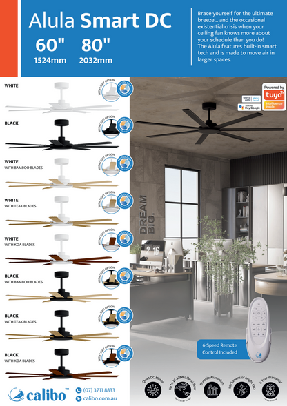 Calibo Alula 60" (1524mm) 7 Blade Indoor/Outdoor DC Ceiling Fan & Remote - White & Bamboo