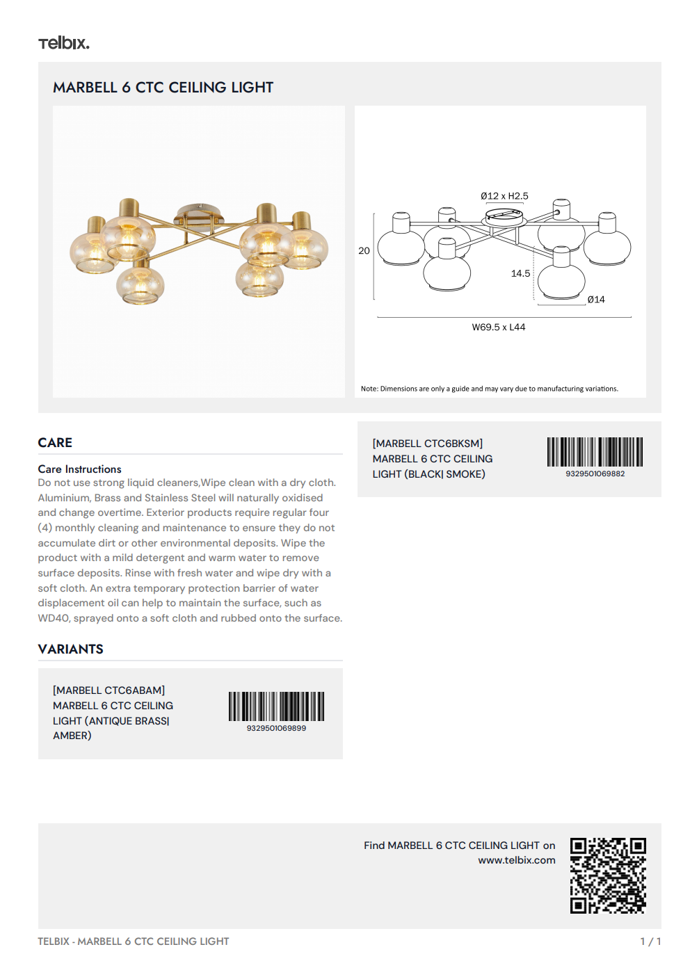 MARBELL 6 CTC Ceiling Light - Antique Brass / Amber