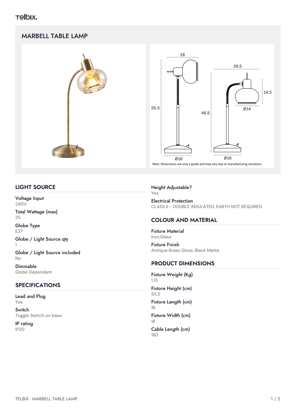 MARBELL Table Lamp = Black / Smoke