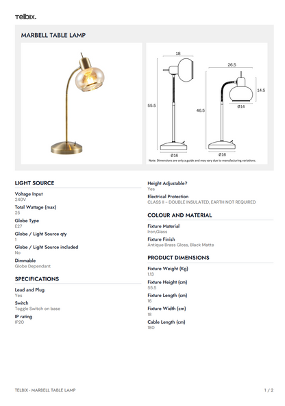 MARBELL Table Lamp - Antique Brass / Amber