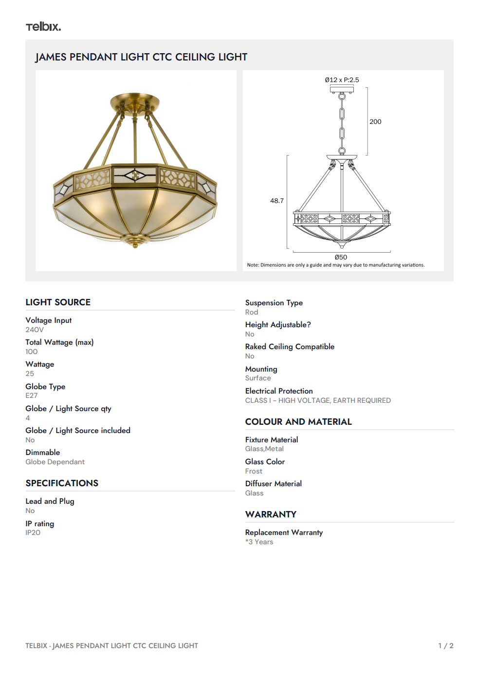 JAMES PENDANT LIGHT CTC Ceiling Light - Antique Brass