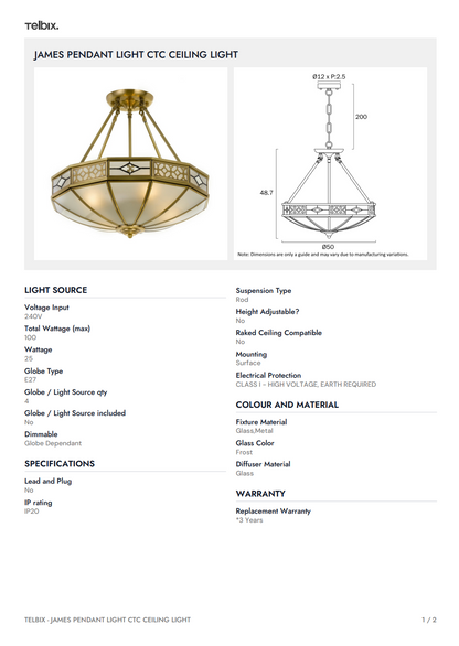 JAMES PENDANT LIGHT CTC Ceiling Light - Antique Brass