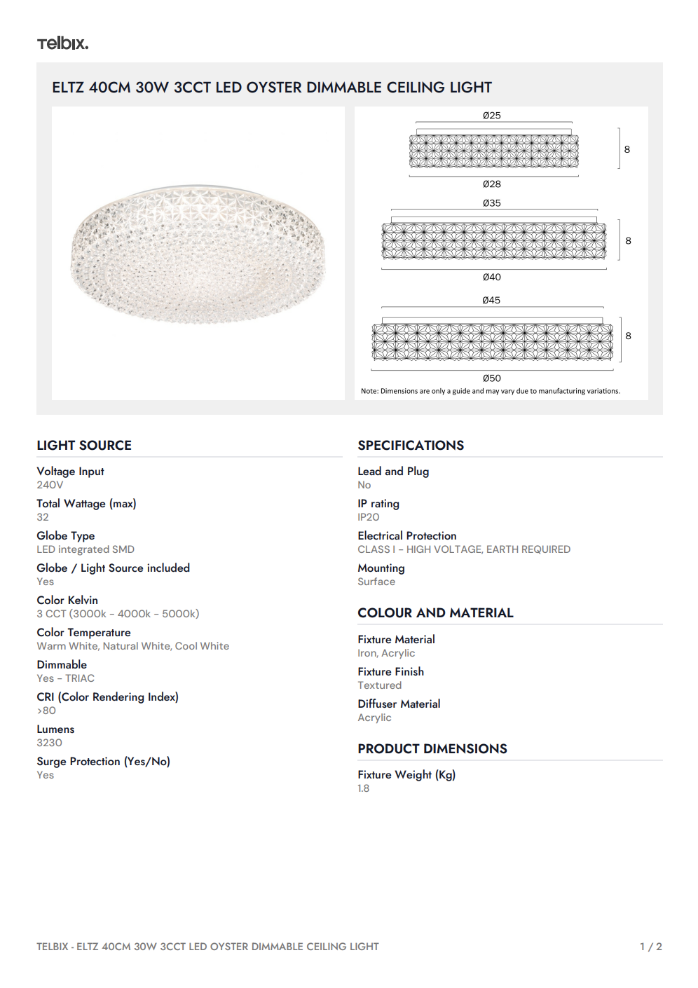ELTZ 40CM 30W 3CCT LED Oyster Dimmable Ceiling Light
