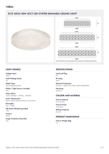 ELTZ 40CM 30W 3CCT LED Oyster Dimmable Ceiling Light