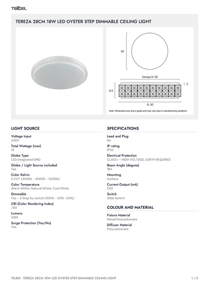 TEREZA 28CM 18W LED Oyster Step Dimmable Ceiling Light - White