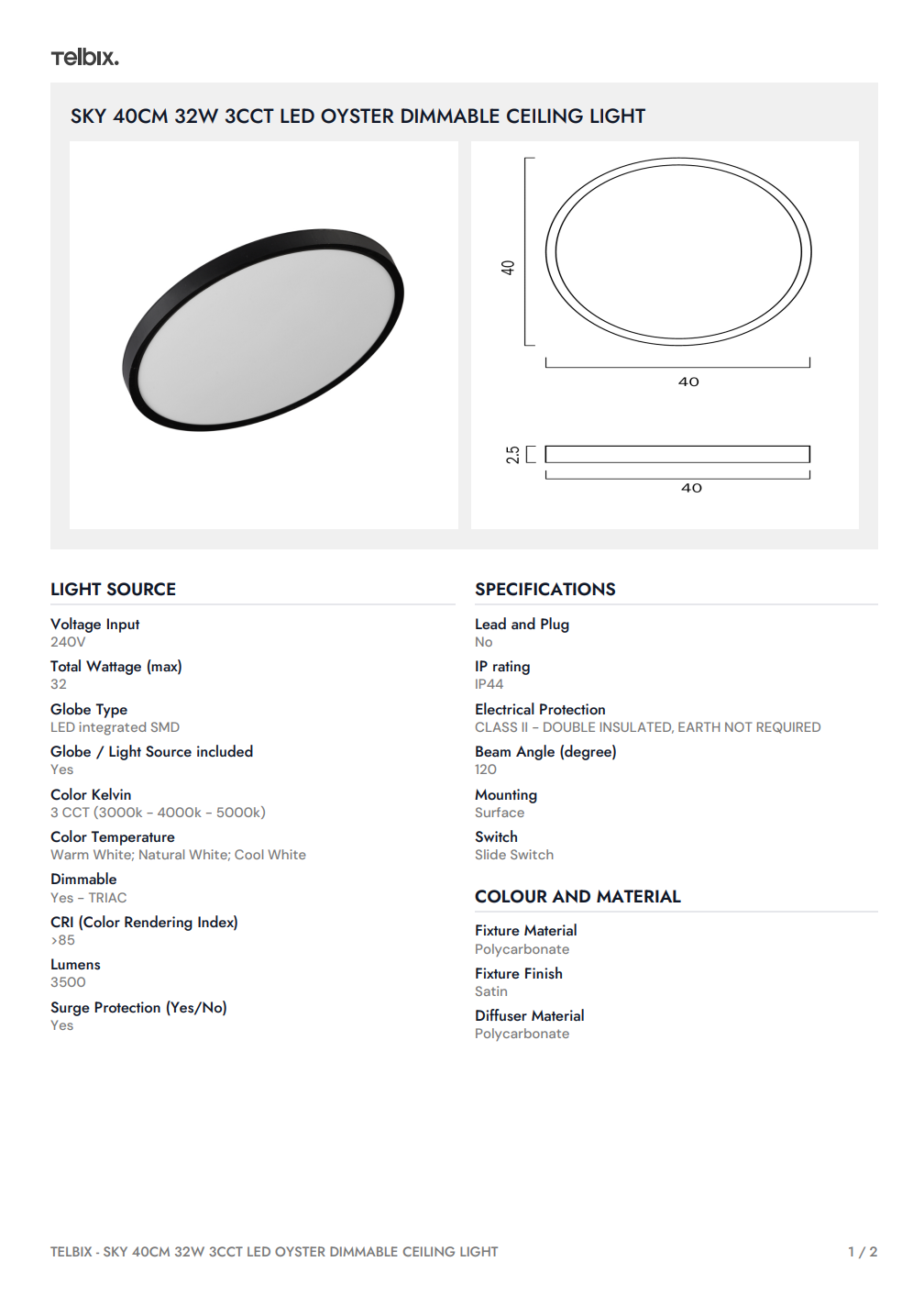 SKY 40CM 32W 3CCT LED Oyster Dimmable Ceiling Light - White