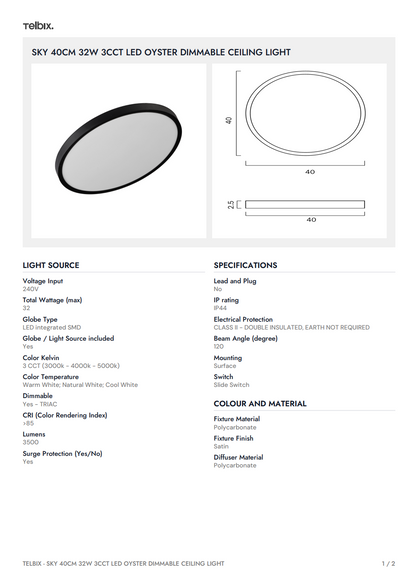 SKY 40CM 32W 3CCT LED Oyster Dimmable Ceiling Light - White