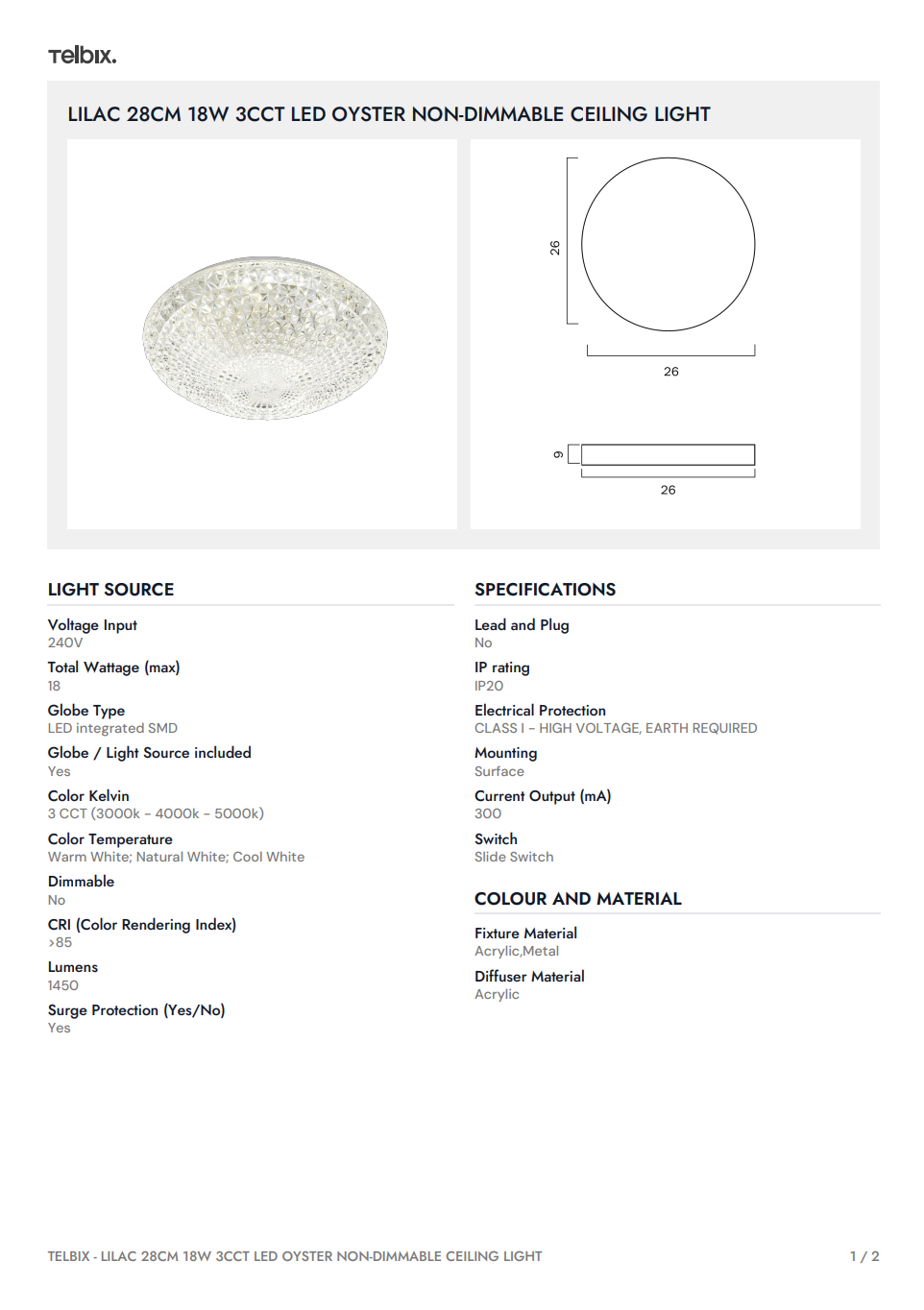 LILAC 28CM 18W 3CCT LED Oyster Non-Dimmable Ceiling Light