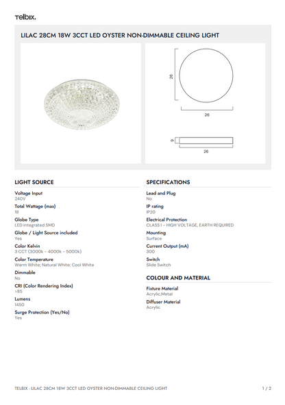 LILAC 28CM 18W 3CCT LED Oyster Non-Dimmable Ceiling Light