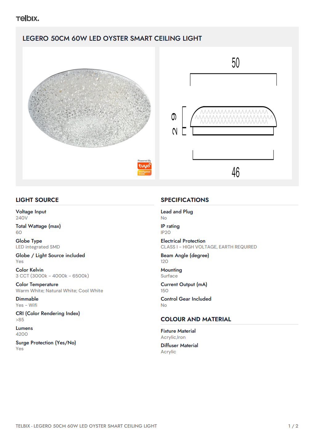 LEGERO 50CM 60W LED Oyster Smart Ceiling Light - White