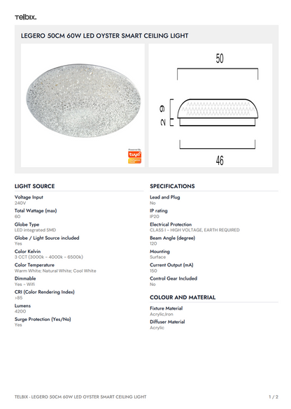 LEGERO 50CM 60W LED Oyster Smart Ceiling Light - White