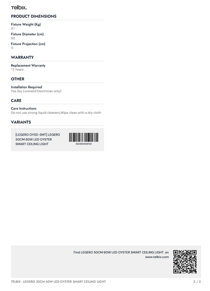 LEGERO 50CM 60W LED Oyster Smart Ceiling Light - White