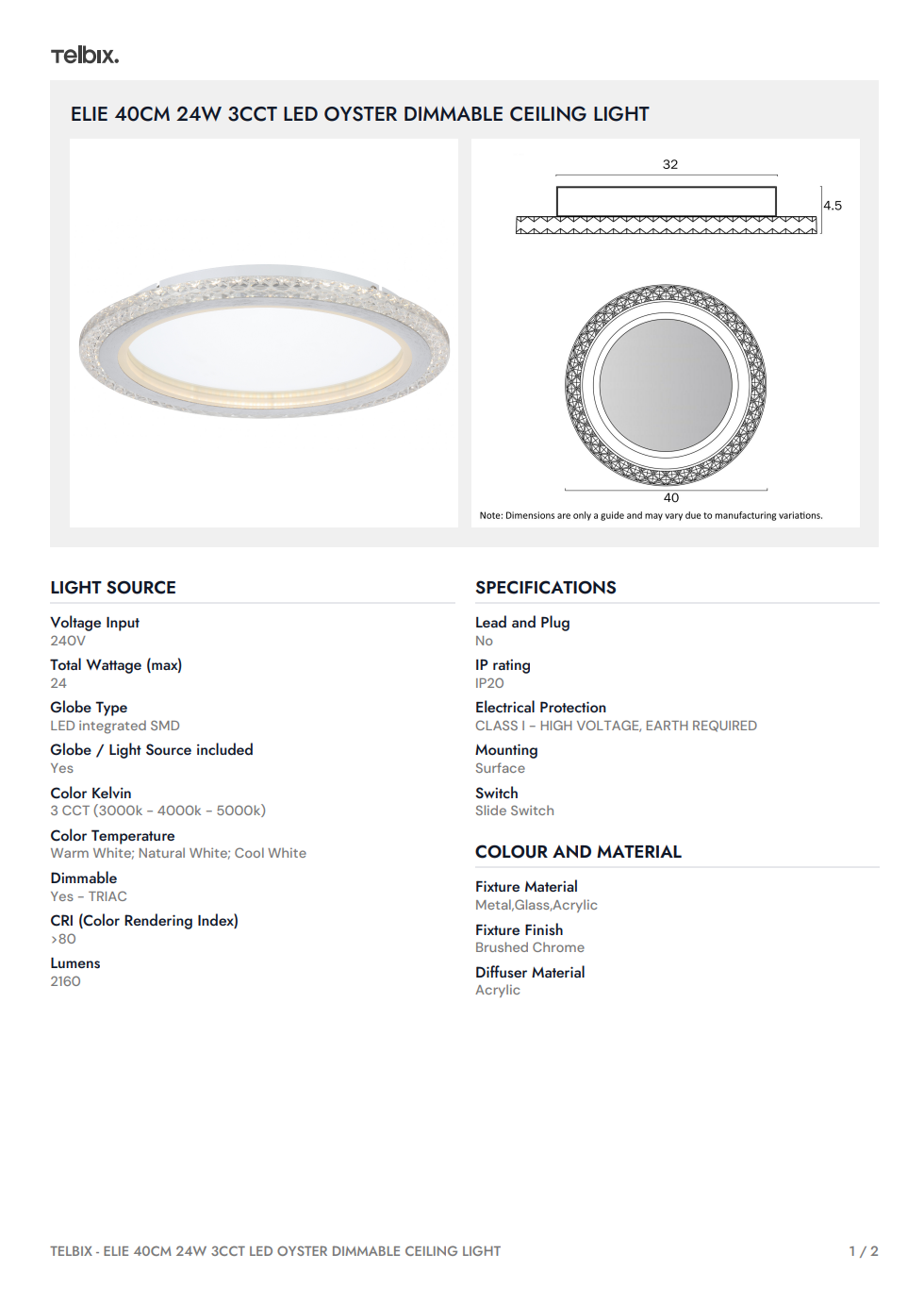 ELIE 40CM 24W 3CCT LED Oyster Dimmable Ceiling Light - Chrome