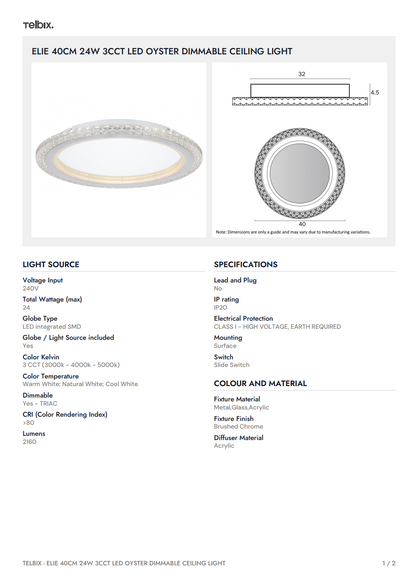 ELIE 40CM 24W 3CCT LED Oyster Dimmable Ceiling Light - Chrome
