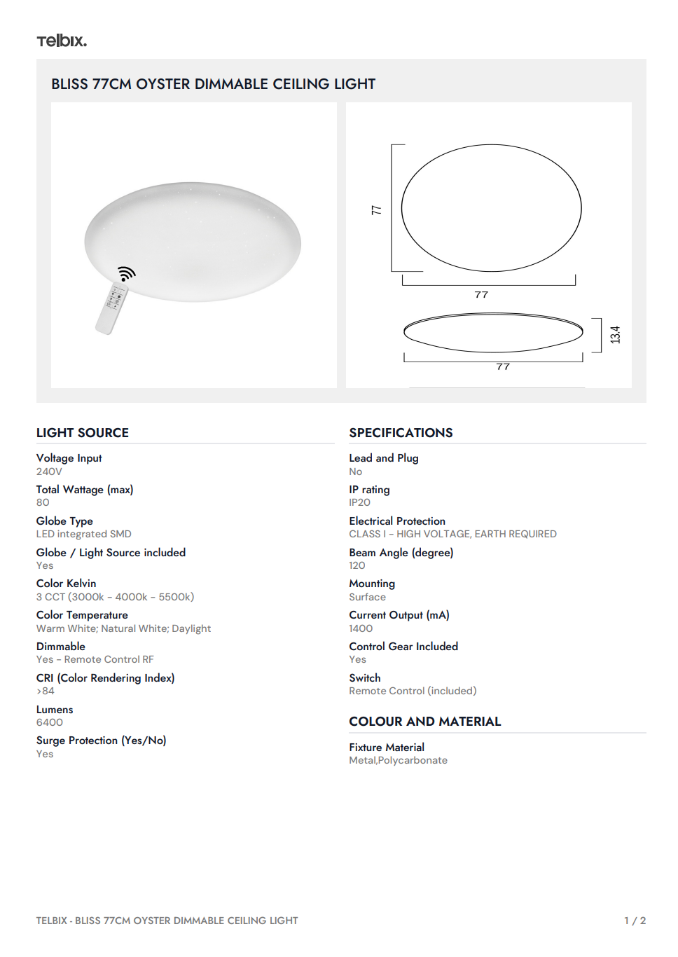 BLISS 77CM Oyster Dimmable Ceiling Light - White