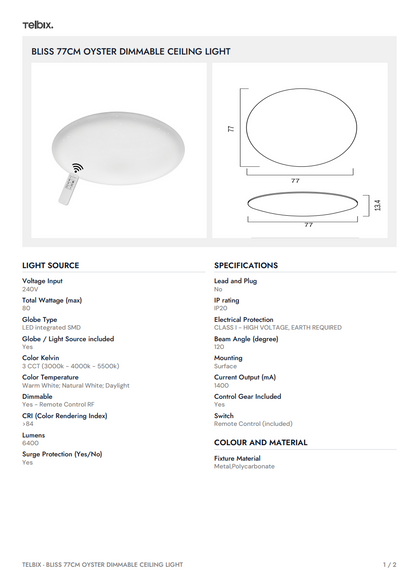 BLISS 77CM Oyster Dimmable Ceiling Light - White