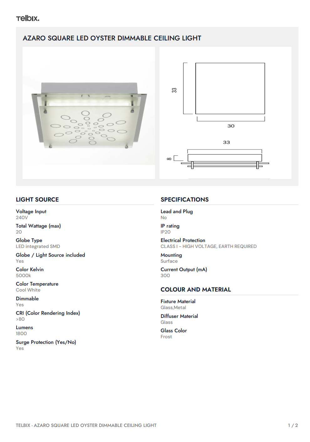 AZARO Square Oyster Dimmable Ceiling Light - Chrome