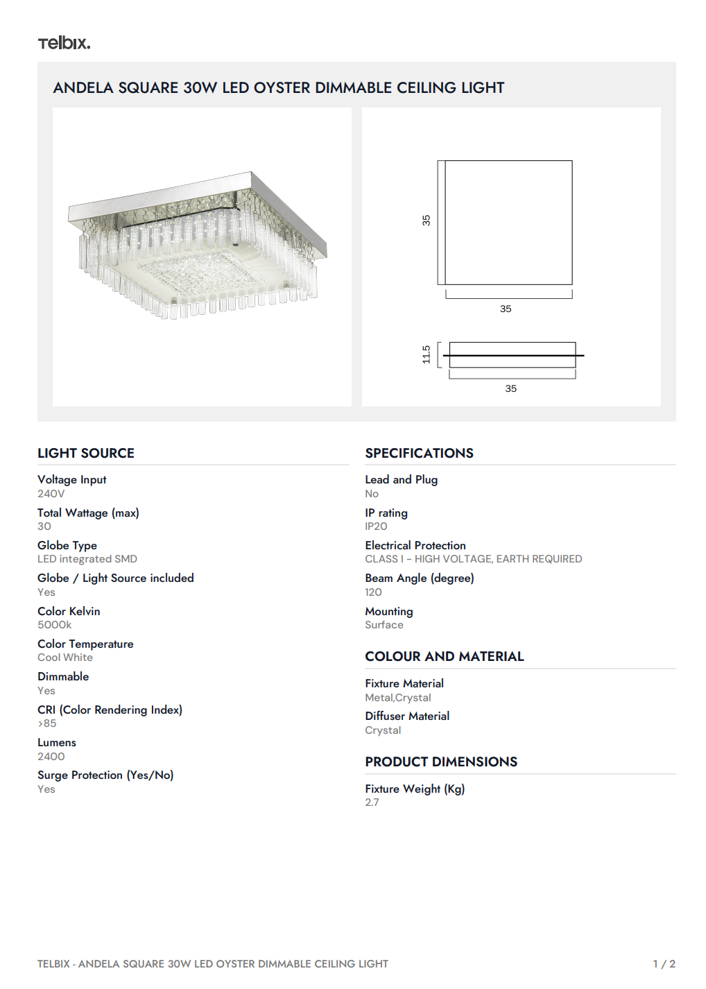 ANDELA SQUARE 30W Oyster Dimmable Ceiling Light - Chrome