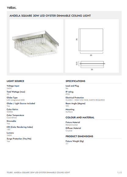 ANDELA SQUARE 30W Oyster Dimmable Ceiling Light - Chrome