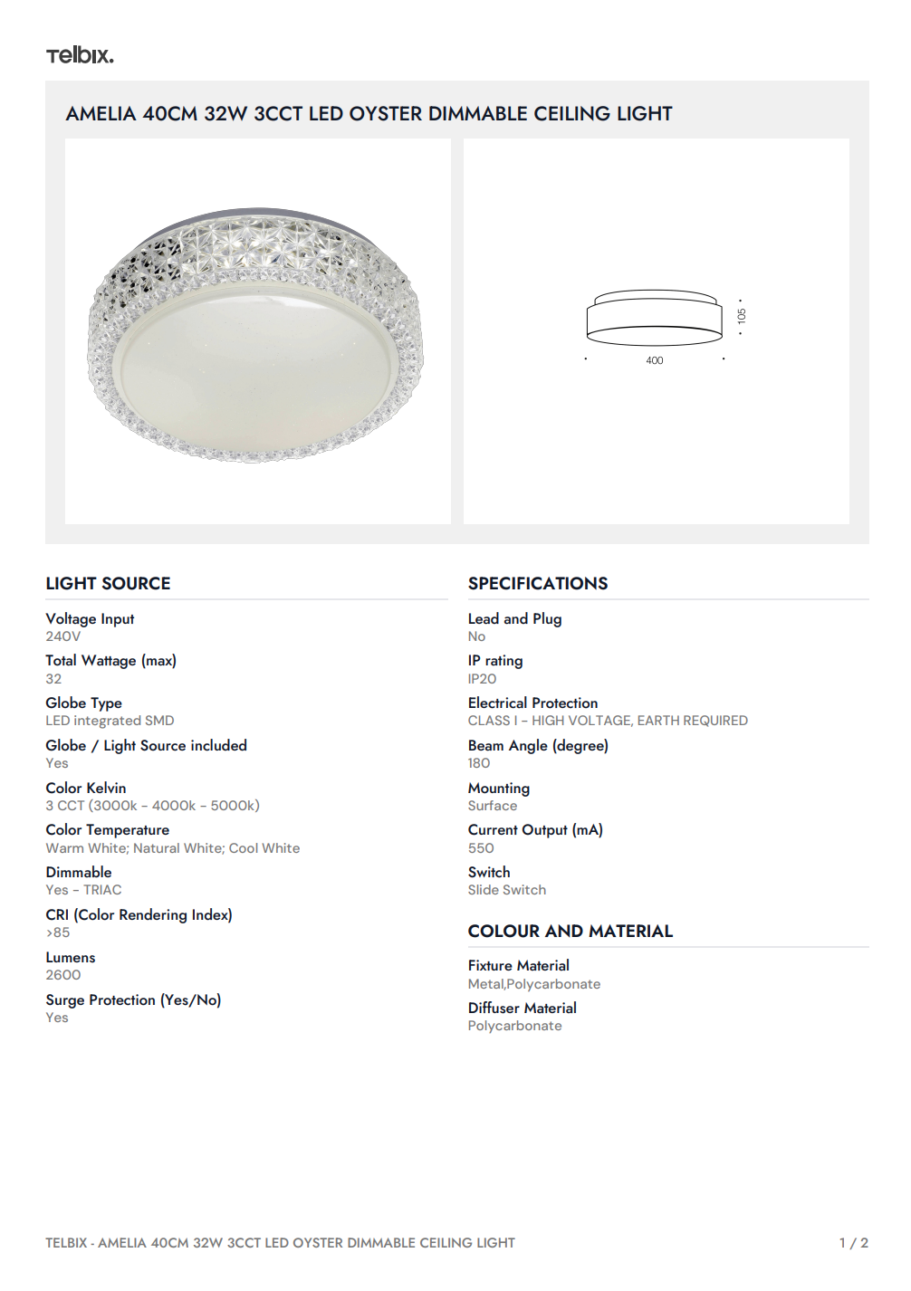 AMELIA 40CM 32W 3CCT LED Oyster Ceiling Light - White