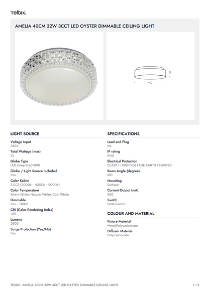 AMELIA 40CM 32W 3CCT LED Oyster Ceiling Light - White