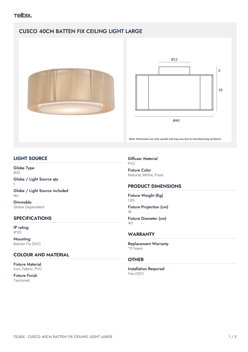 CUSCO 40CM Batten Fix Ceiling Light Large