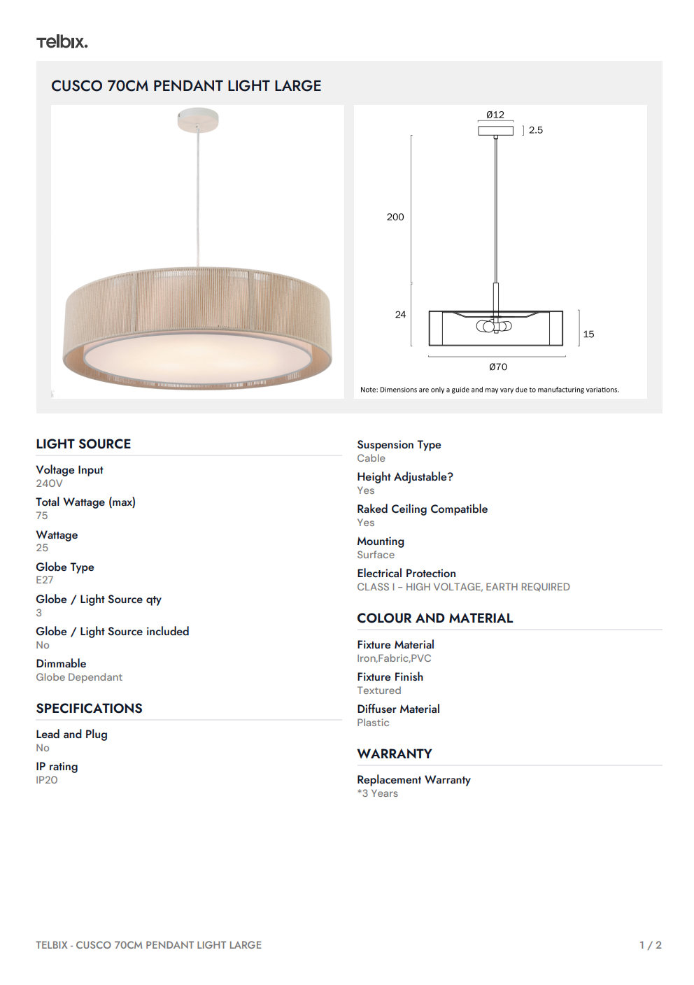 CUSCO 70CM Pendant Light Large