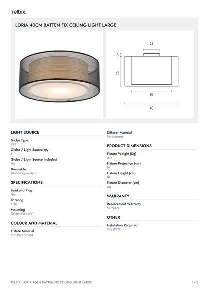 LORIA 40CM Batten Fix Ceiling Light Large