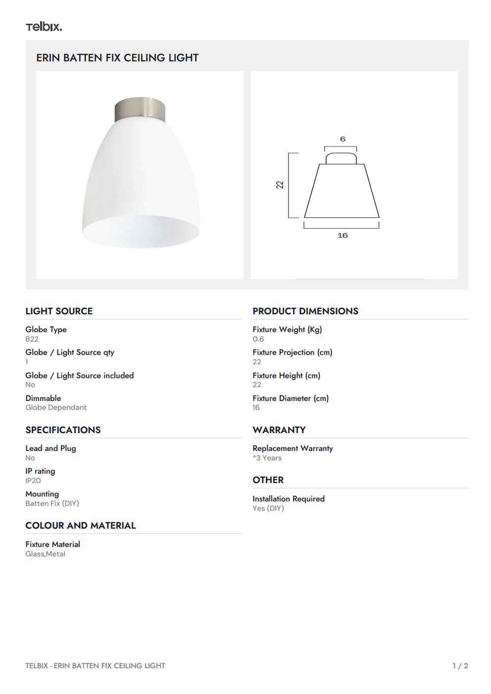 ERIN Batten Fix Ceiling Light - White